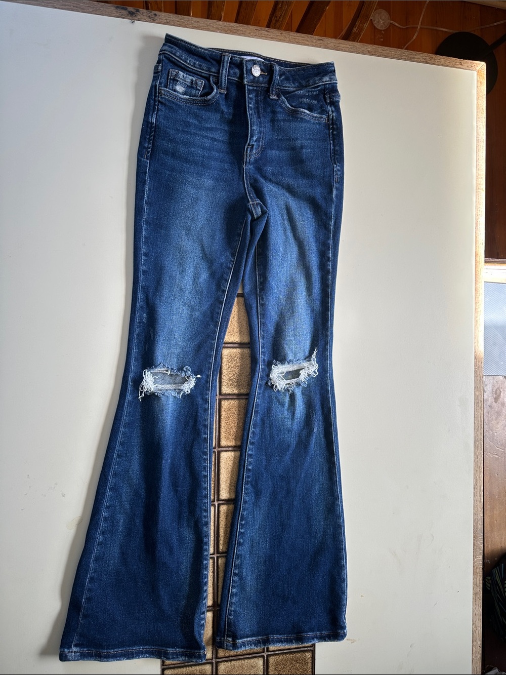 Size 23 high rise Flying Monkey Dark Blue flared Leg Distressed Jeans